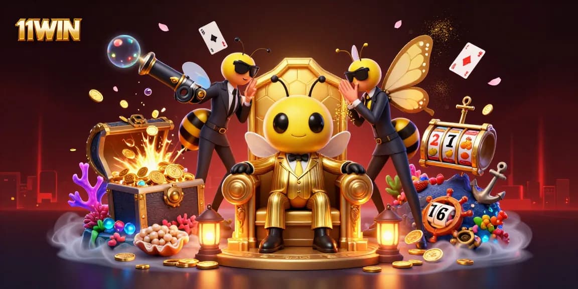 Engage in thrilling slot games with 11WIN’s vibrant animated scene featuring luck and adventure.