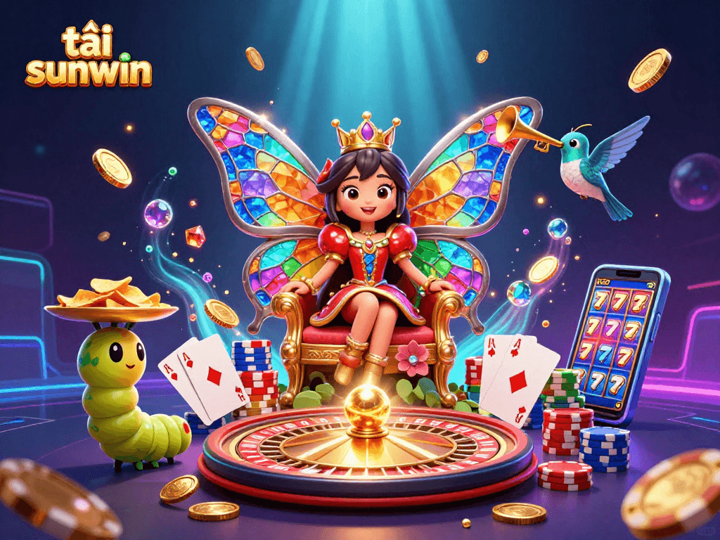 Engage with the vibrant world of tải sunwin featuring a majestic butterfly queen amidst casino elements.