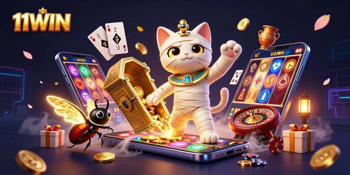 Spin vibrant slots with 11WIN at a pyramid casino featuring an animated Egyptian mummy scene.