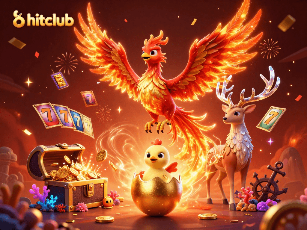 Experience thrilling slots with hitclub's vibrant 3D illustration featuring phoenixes and exciting game elements.