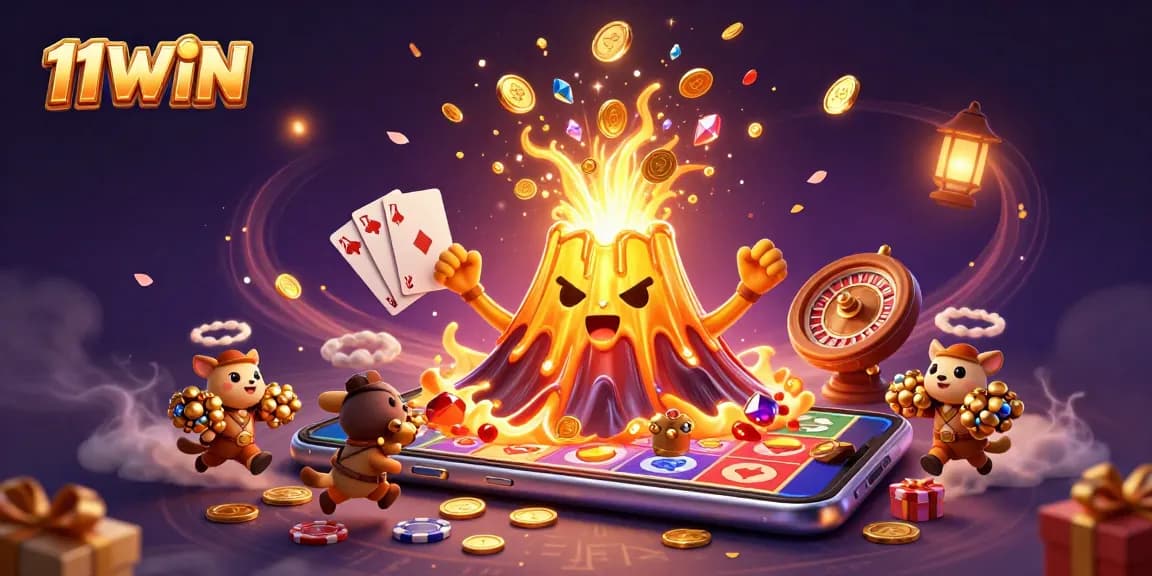 Experience thrilling wins with 11WIN’s vibrant 3D casino illustration featuring golden treasures.