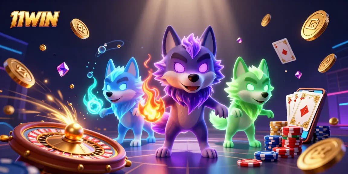 Experience excitement with 11WIN as a glowing wolf pack leader leads a dynamic casino scene.