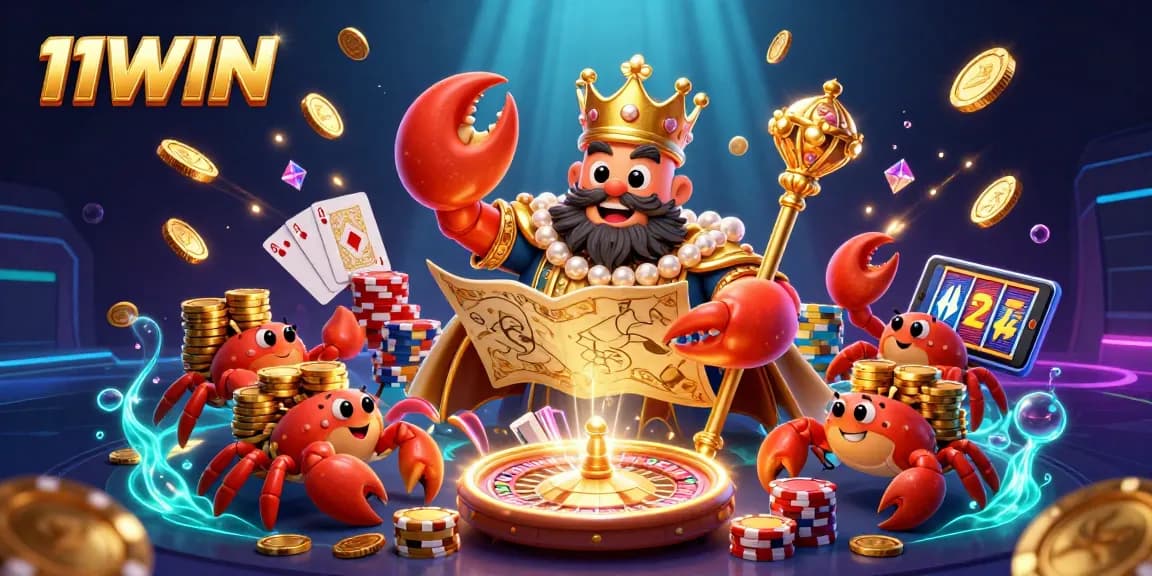 Experience thrilling moments with 11WIN, featuring a vibrant casino scene of a golden crab emperor amidst riches and games.