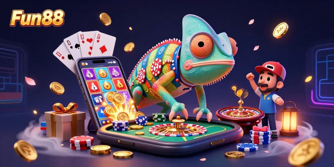 Engage with Fun88: 3D chameleon casino owner amidst vibrant gambling elements and dynamic gaming action