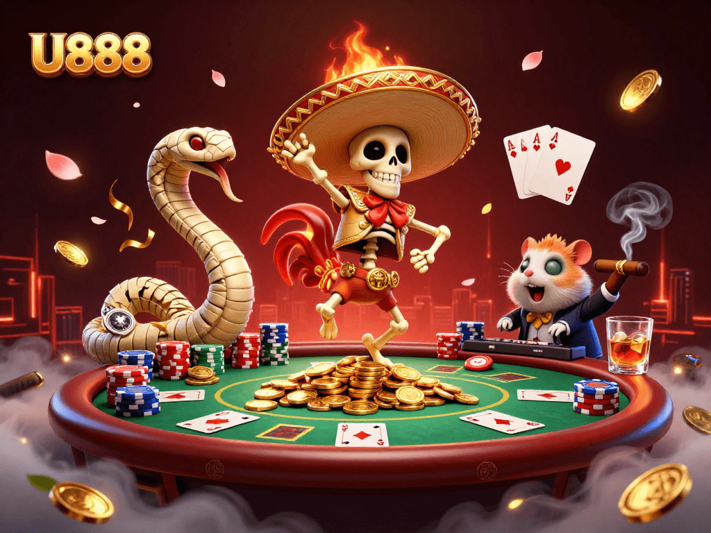 U888 showcases a vibrant victory dance by a mariachi rooster and dynamic casino elements in a colorful 3D scene.
