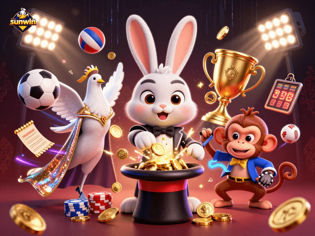 Experience the excitement of sunwin with a magician rabbit and sports betting elements in a dynamic scene.