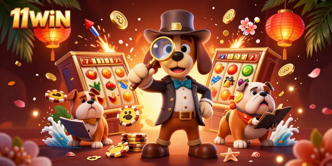 Join the exciting gaming world of 11WIN with a dynamic 3D scene featuring casino elements and detective characters.