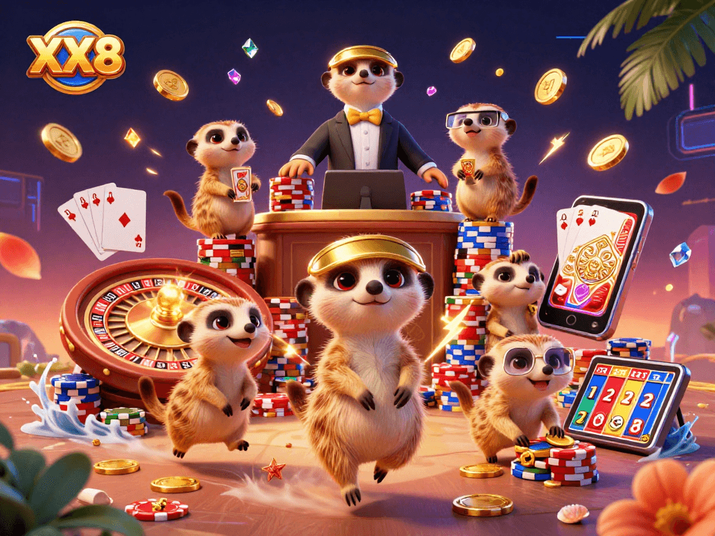 Play and win at the XX8 casino with dynamic meerkat characters running exciting games