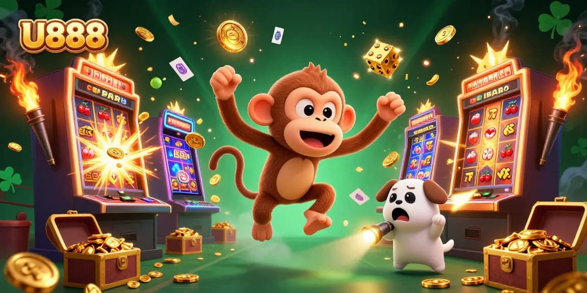 U888 showcases a spirited ghost-hunter puppy chasing a mischievous monkey in a vibrant casino scene.