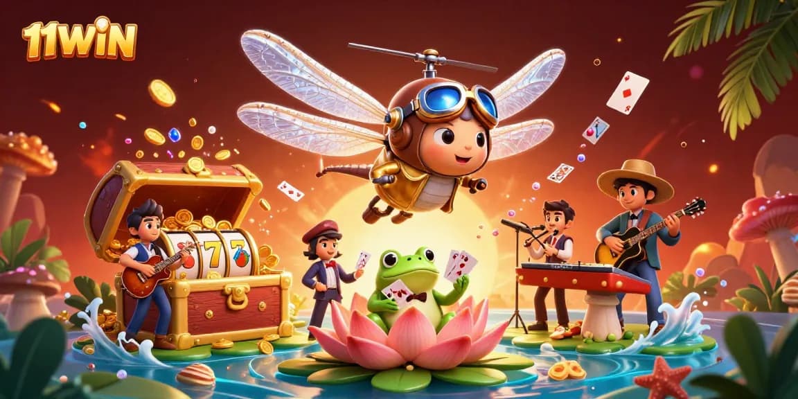 Engage with exciting games at 11WIN, featuring a thrilling dragonfly pilot in a colorful casino scene.