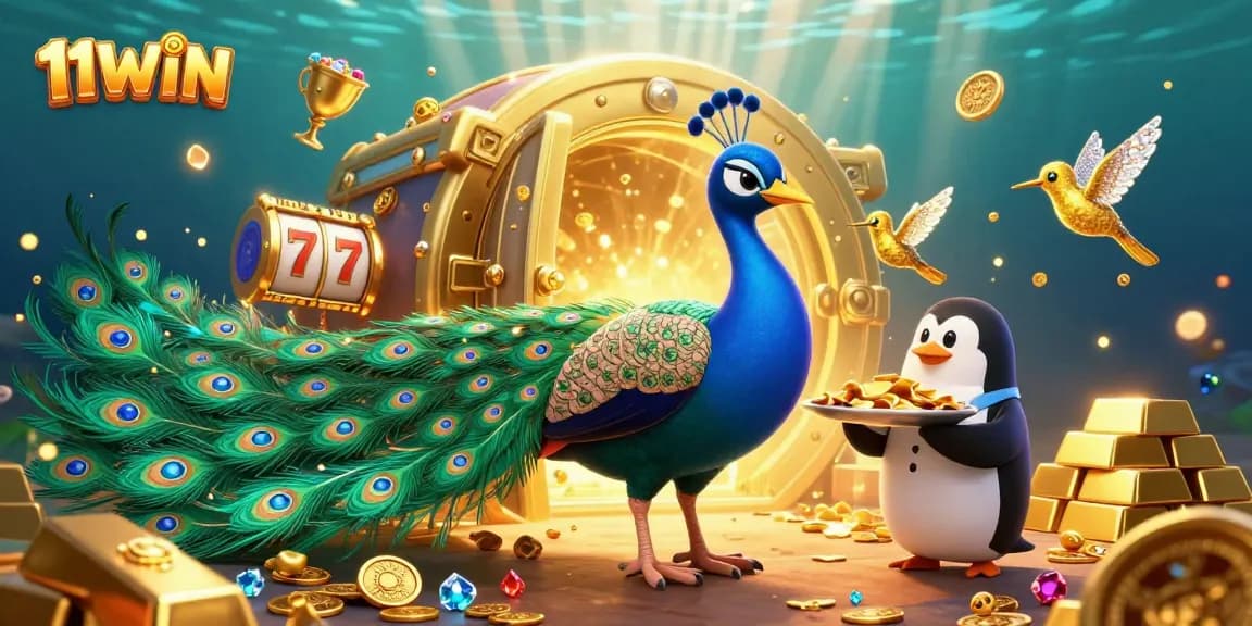Experience the vibrant energy of 11WIN in this dynamic casino scene with a peacock, penguin, and jewels.
