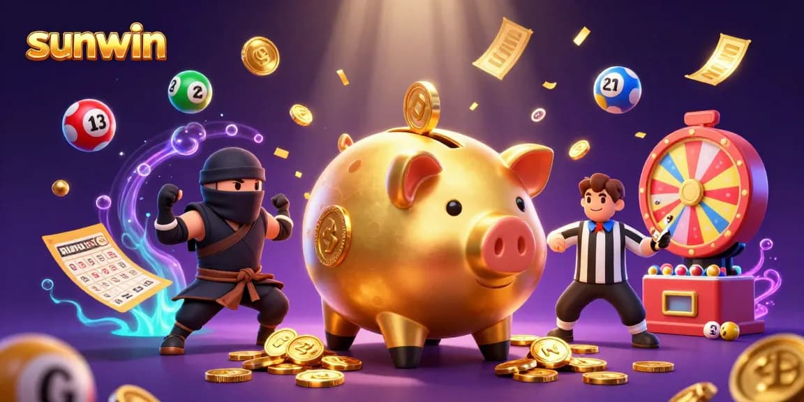 Experience the excitement of sunwin with a dynamic scene featuring a hefty golden piggy bank sumo wrestler.