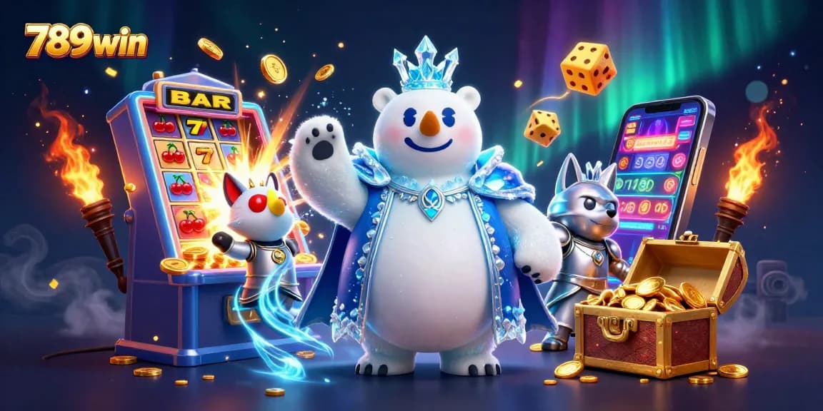 Experience thrilling jackpots with 789win in this engaging casino scene featuring a polar bear king and fox companion.