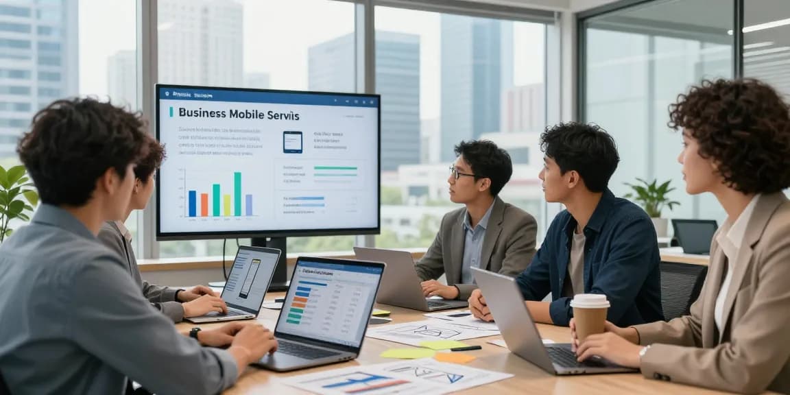 Collaboration on business mobile services in a modern office setting.