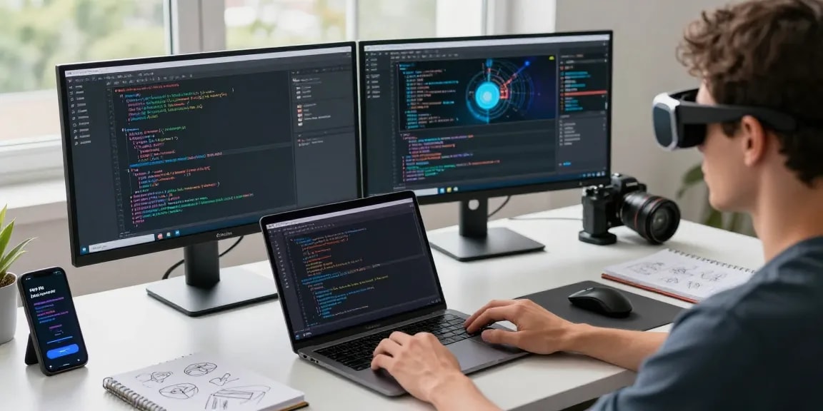 Tech enthusiast using AR glasses with dual monitors displaying augmented reality applications in a modern workspace.