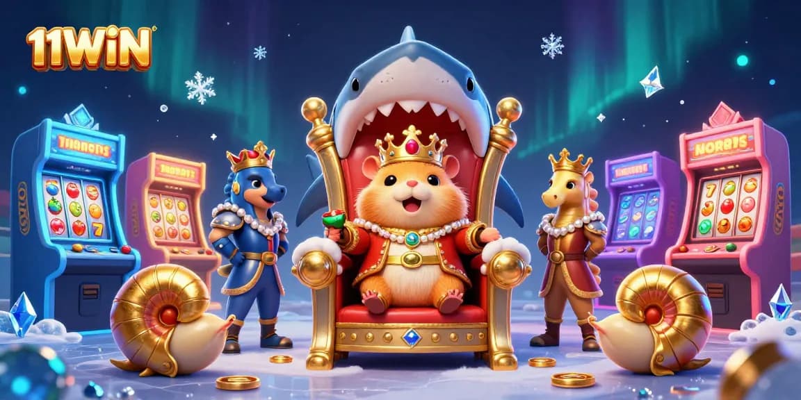 Engage in thrilling slot adventures at 11WIN with a vibrant 3D casino scene featuring a golden hamster king.