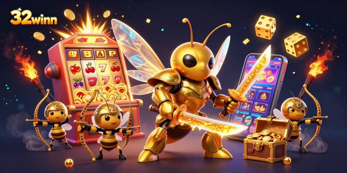 Experience thrilling gameplay at 32winn with vibrant casino visuals and golden prize elements.