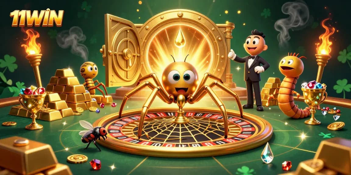 Engage with 11WIN's thrilling gaming experience as a golden spider spins luck on a roulette wheel.