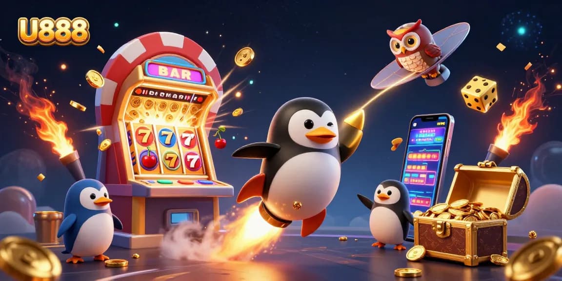 Play thrilling games with U888's vibrant casino scene featuring a golden penguin and jackpot excitement.