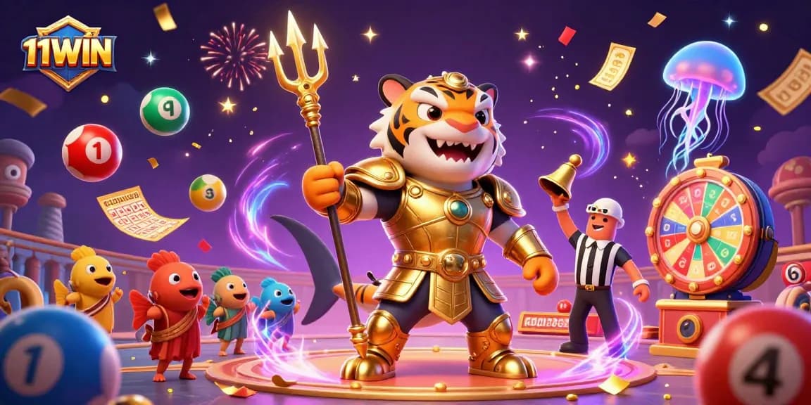 Win exciting prizes at 11WIN with dynamic games and joyful elements in a vibrant casino setting.