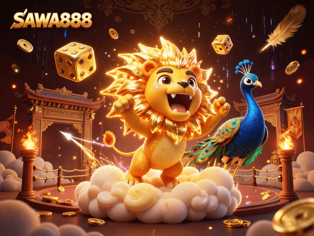 Engage with SAWA888's vibrant casino scene featuring a roaring sun lion and golden dice.