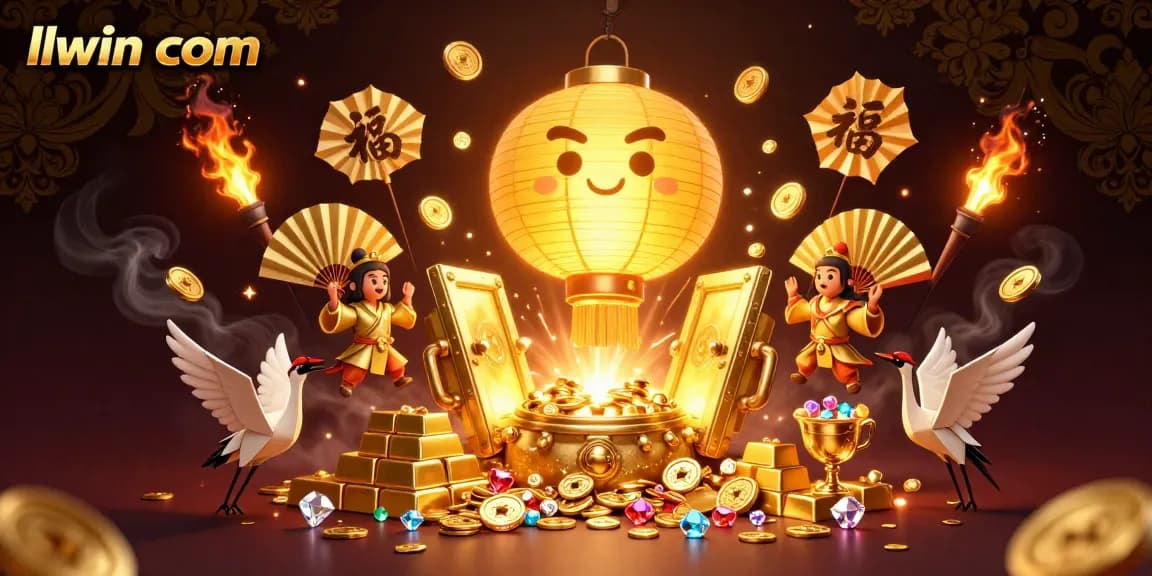 Win big at llwin com with a dazzling casino scene featuring a golden lantern spirit and dynamic treasures.