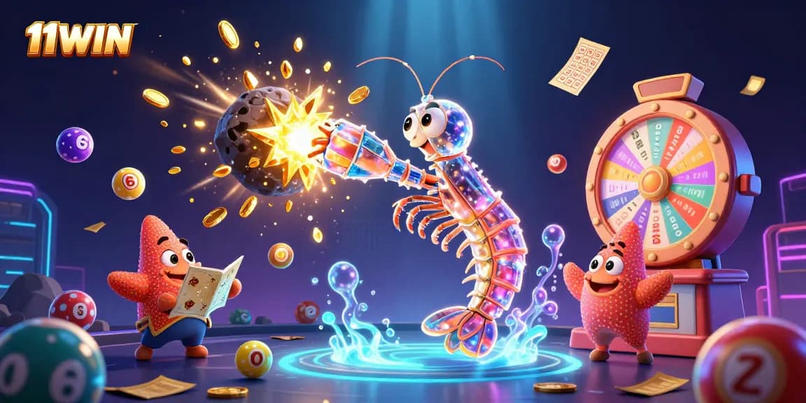 Exciting 11WIN scene with a galactic samurai mantis shrimp, colorful lottery elements, and vibrant casino atmosphere.