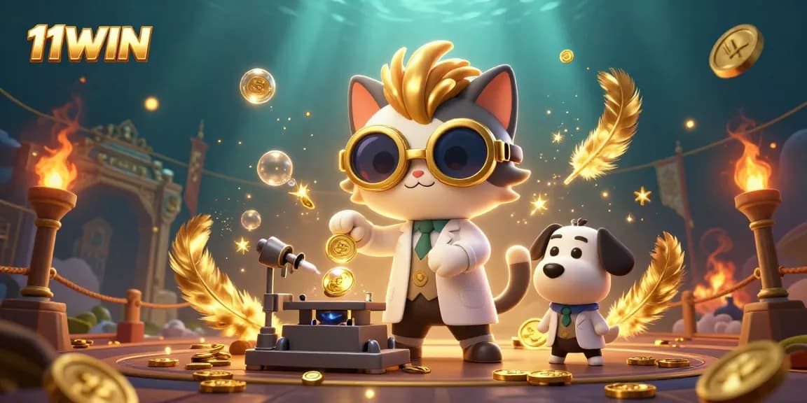 Play exciting games at 11WIN, featuring a vibrant lab scene with mad scientist cat.