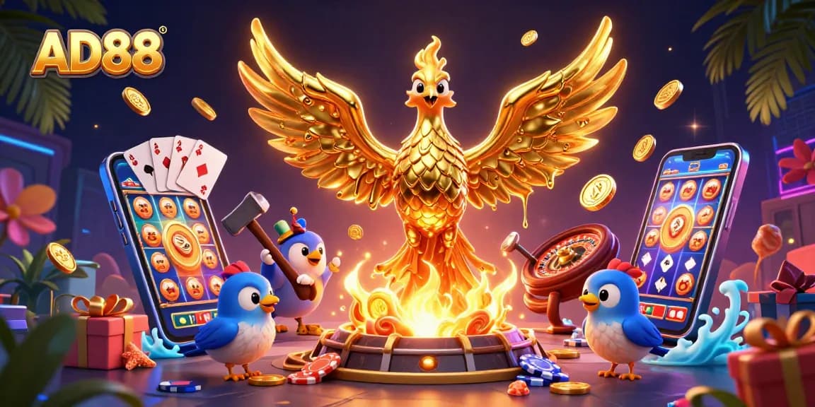 Players engage with AD88's dynamic gaming experience, featuring golden phoenix and exciting slot games.
