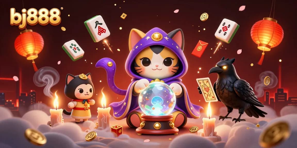 Experience bj888's thrilling gaming atmosphere with mystical characters and vibrant casino elements.