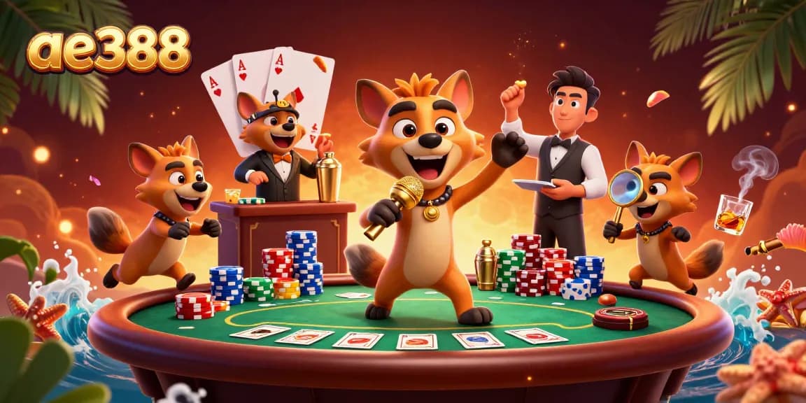 Experience the vibrant world of ae388 with lively hyenas in a dynamic casino scene filled with poker excitement.