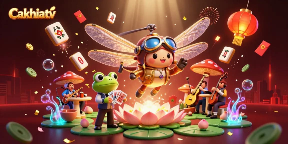 Cakhiatv showcases vibrant scenes of a cartoon dragonfly pilot in a lily pad casino with a frog croupier and jazz musicians.