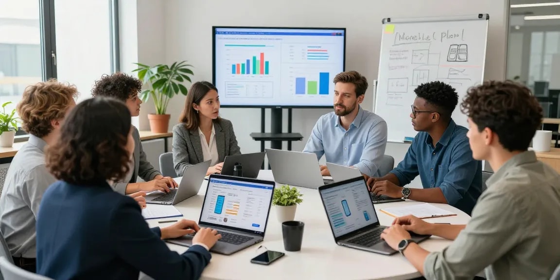 Team collaboration discussing corporate mobile plans UK in a modern office environment, showcasing data and analytics.
