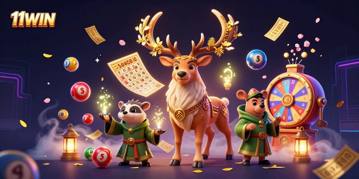 Experience thrilling moments with 11WIN as vibrant lottery balls and prize elements fill the scene.