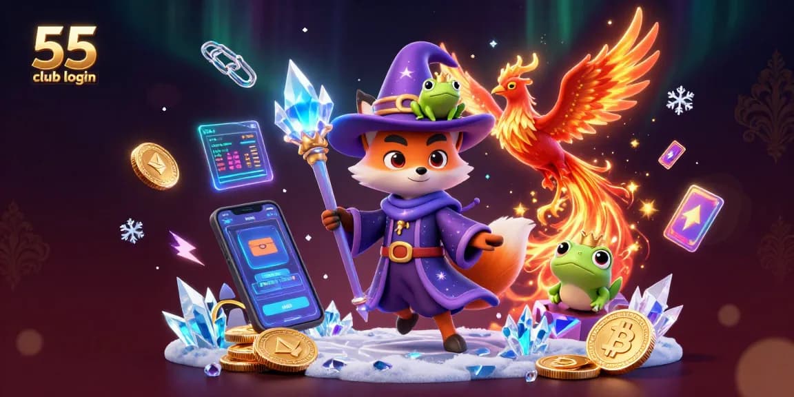 Engage with the 55 club login scene featuring mystical characters in a vibrant digital casino.