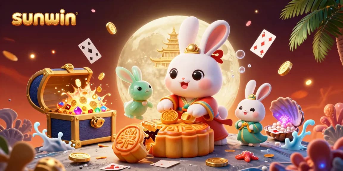Experience the thrill of sunwin with this vibrant 3D moon rabbit illustration featuring casino elements.