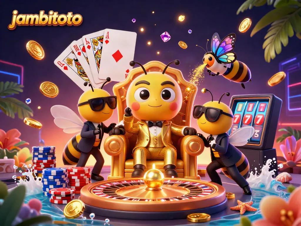 Experience the vibrant energy of jambitoto with a 3D illustration showcasing a buzzing casino scene enriched with cartoon elements.