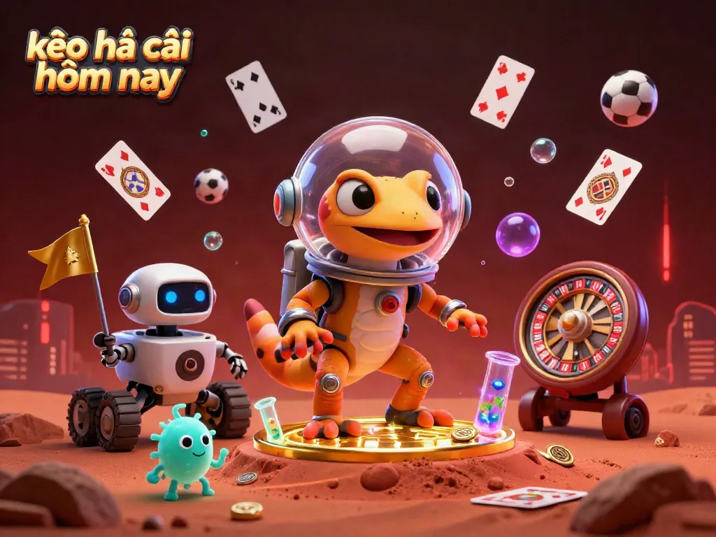 Bet on kèo nhà cái hôm nay with vibrant casino elements featuring a Martian gecko and sports betting items.