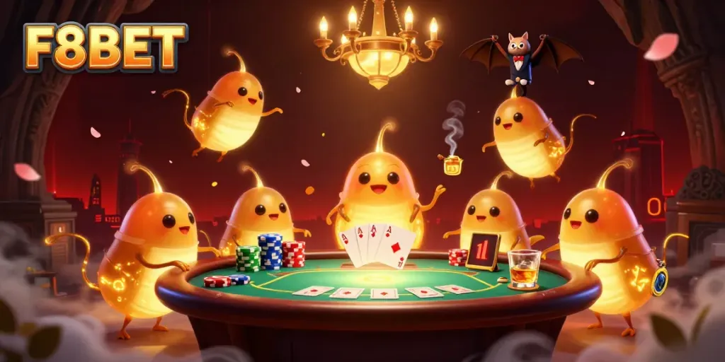 Experience the vibrant F8BET casino atmosphere with glowing creatures and thrilling poker action.