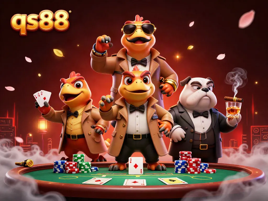 Experience qs88 thrills with 3D cartoon raptors entering a VIP lounge filled with poker action.