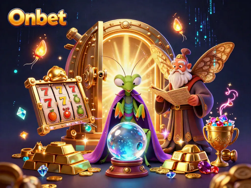 Onbet slot scene with a fortune teller, moth librarian, and magical elements.