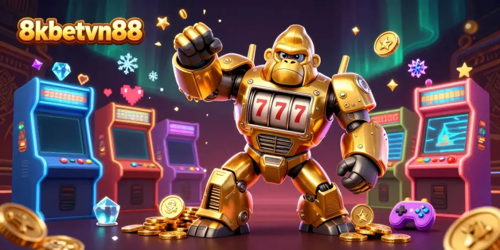 Experience thrilling gameplay at 8xbetvn88 with unique exciting slots featuring a golden gorilla mech.