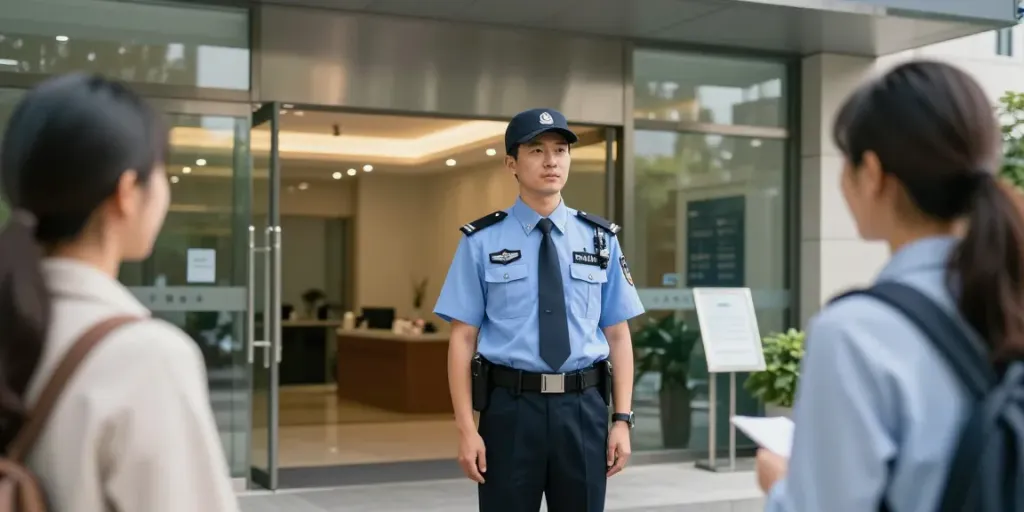 Security Guard monitoring a corporate entrance, showcasing professionalism and community trust.