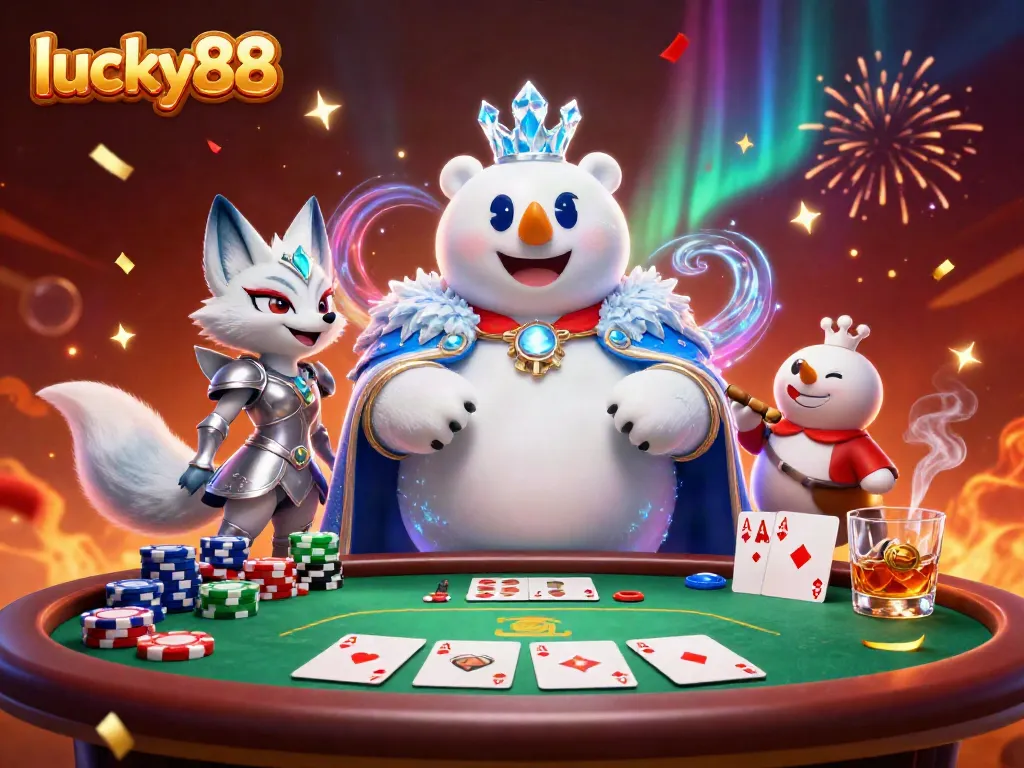Engage in the excitement of lucky88 with an icy polar bear and a heroic snow fox, surrounded by poker and casino elements.