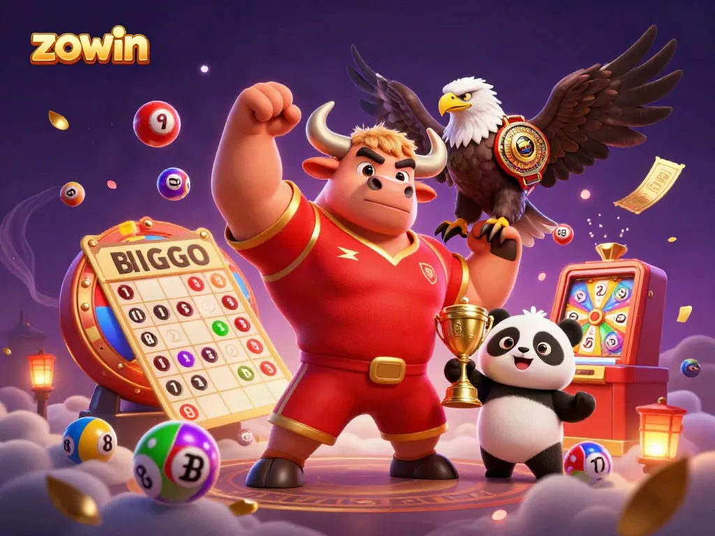 Zowin mascot celebrates a jackpot win, surrounded by vibrant lottery elements and golden prizes