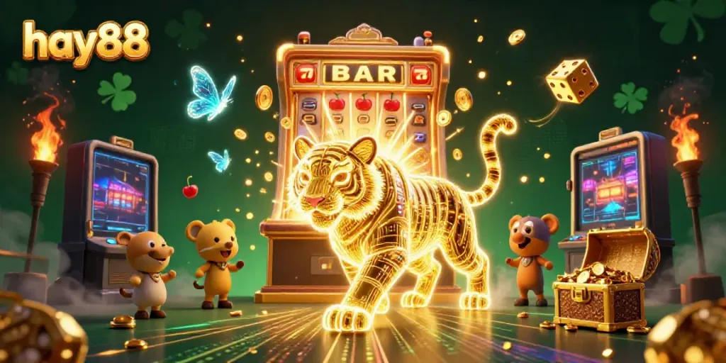Experience excitement at hay88 casino with a lavish golden tiger symbolizing luck and fortune, surrounded by vibrant gaming elements.