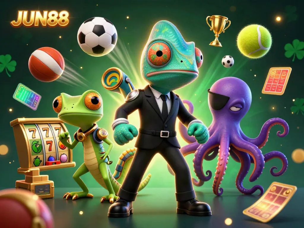 Place bets and win at JUN88 with an engaging scene featuring characters and gaming elements.