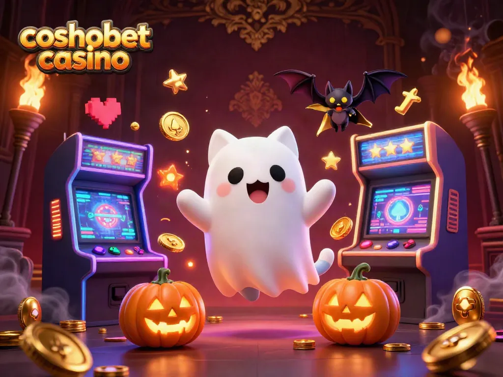 Spin the reels at cosmobet casino with a ghost cat, vampire bat, and glowing gaming elements.