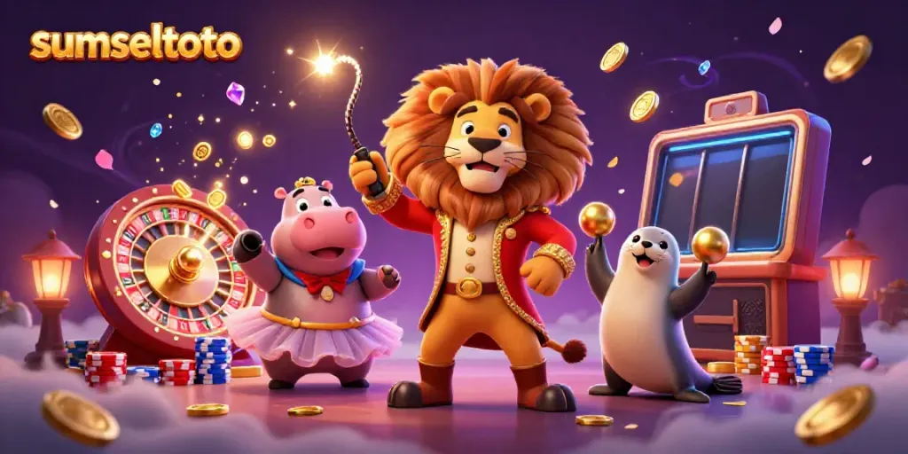 Experience the thrilling world of sumseltoto with a circus-themed casino illustration featuring lively characters.