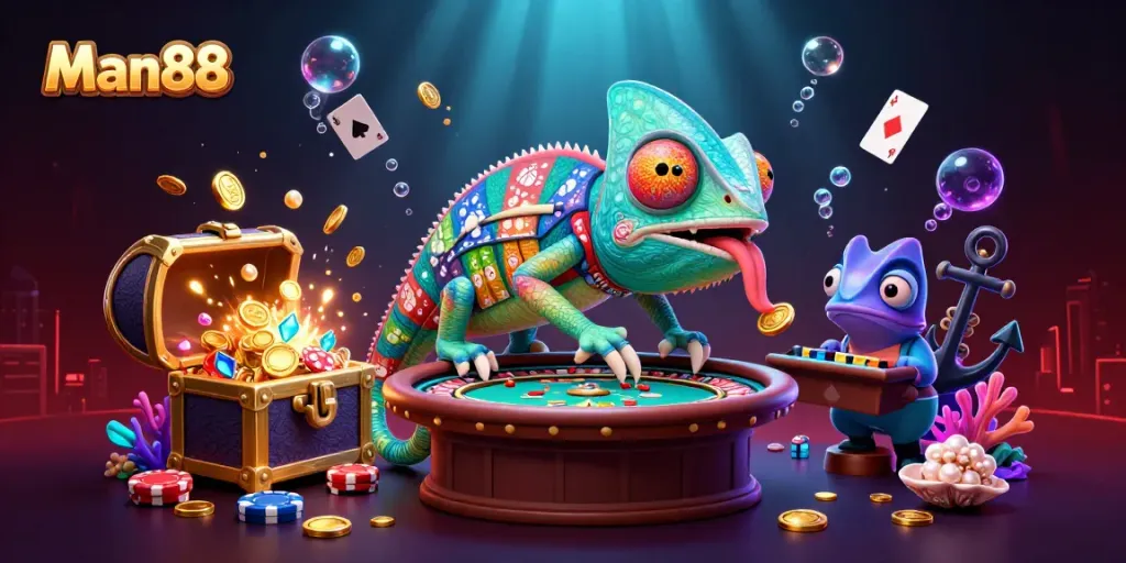 Experience the thrill with Man88, where the vibrant chameleon casino owner captures jackpots and dynamic gameplay.